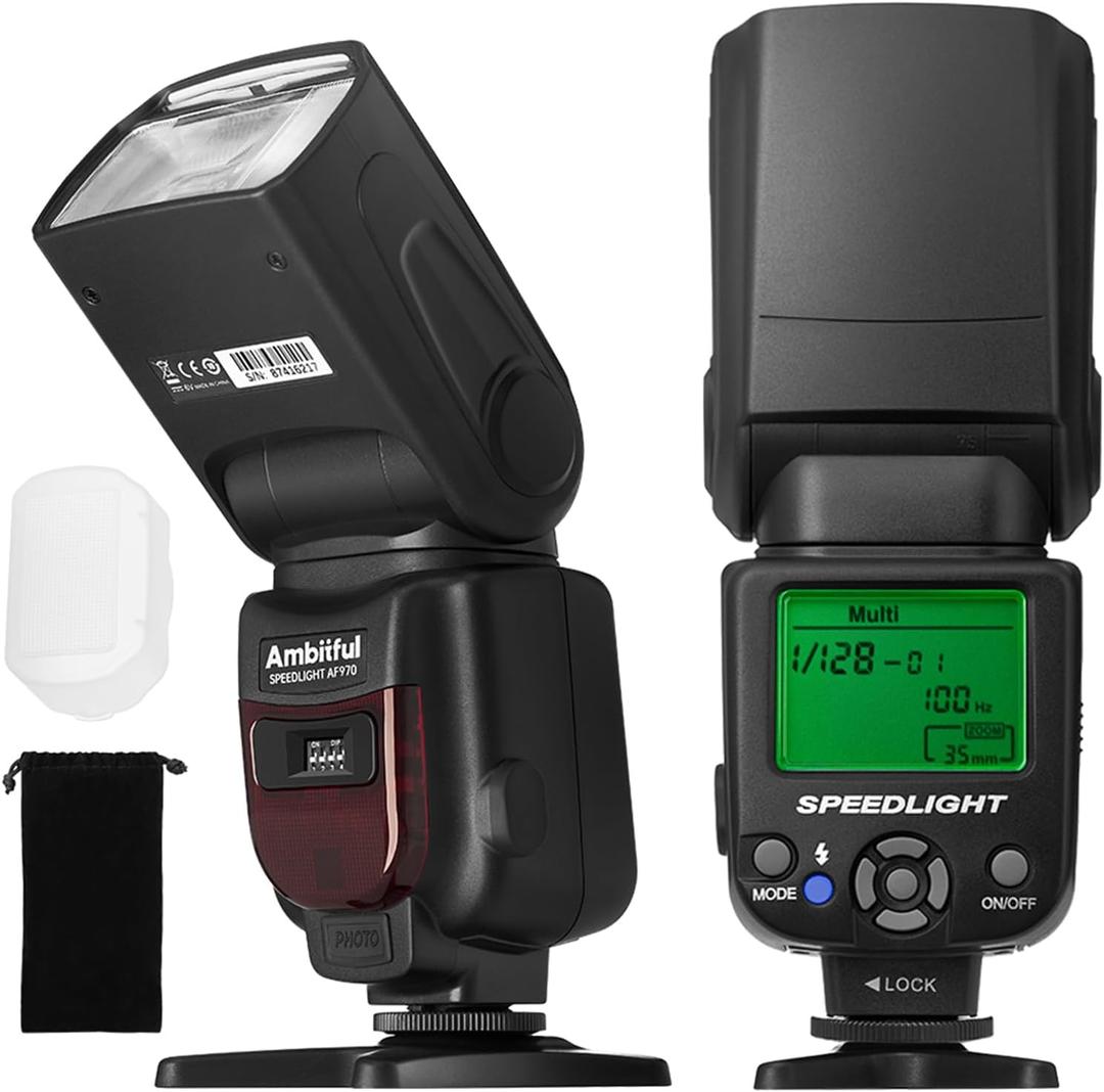 AMBITFUL AF970 Camera Flash Speedlite for Canon Nikon Sony Olympus Fuji Panasonic,2.4G Wireless Flash, Recycle Time 0.1-2.5s,Adjustable Flash Head W/LCD Panel&Single-Contact Hotshoe, 1 Pack