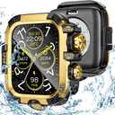 3 in 1 Goton Metal PC Case for Apple Watch Screen Protector 45mm, 360 Protective Rugged Tempered Glass Waterproof Face Cover Bumper for Apple Watch Series 9/8/7, 45mm Gold