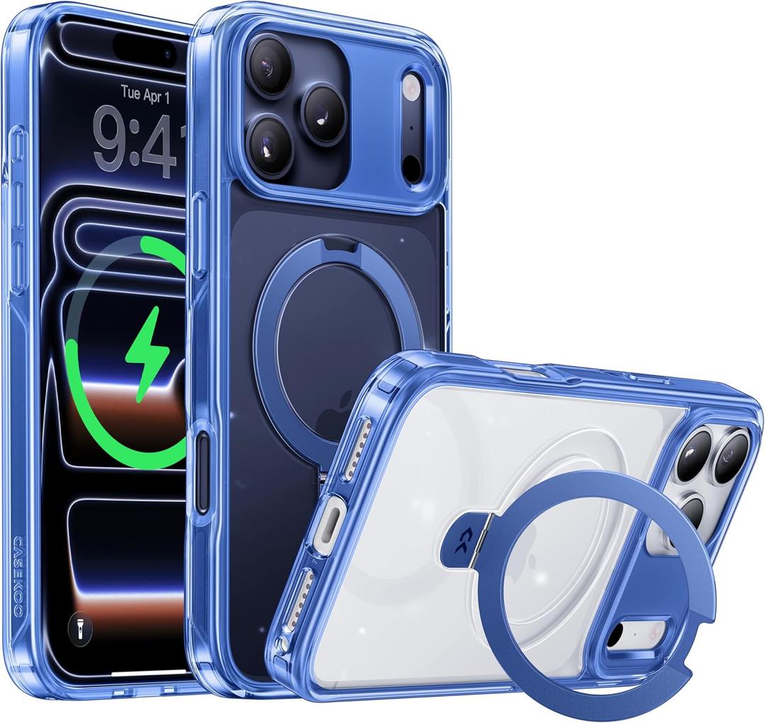 CASEKOO Deep Blue for iPhone 17 Pro Max Case with Ultra Magnetic Stand, Fit for MagSafe, 16FT Military Grade Protection, Kickstand for Viewing & Work, Clear Back, Blue