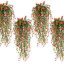 SJL Small Hanging Plant Pack of 4 Fake Hanging Ferns Artificial Plants Faux Hanging Plants Flower Plastic Leaf Realistic Greenery All Year Round Decor for Indoor Outdoor Wall Yard (Tangerine)