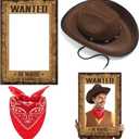 3 Pcs Western Cowboy Party Decorations Include 1 Western Wanted Photo Fun Frame, 1 Studded Cowboy Hat, 1 Square Scarf for Women Men Adult, West Rustic Party Accessories