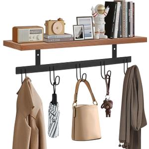 Livabber Wall Mounted Coat Rack with Wooden Shelf, Heavy Duty Wall Hanging Storage with 5 Metal Hooks for Bathroom, Entryway, Living Room, Bedroom (Black)