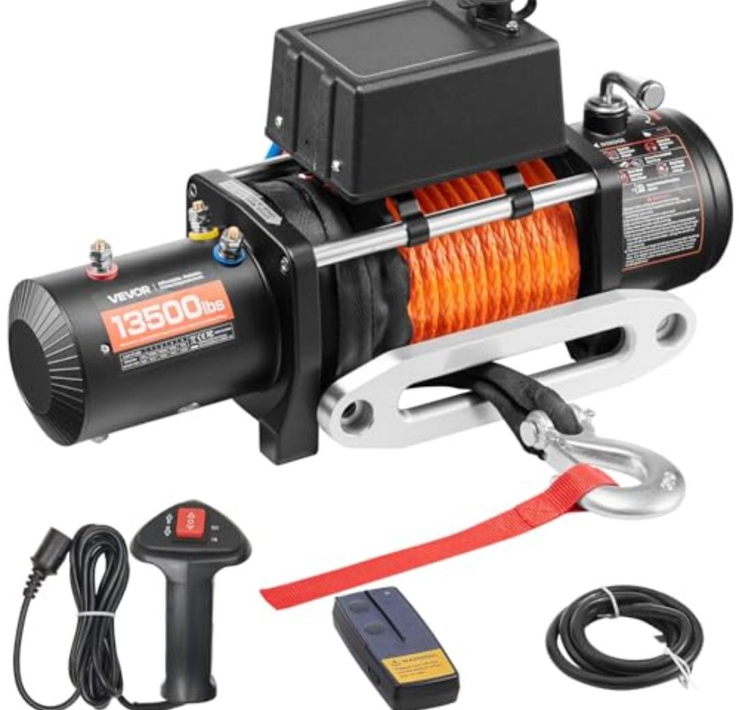 VEVOR 13,500 lb Electric, Truck Winch 12V DC 3/8 in x 80 ft Synthetic Rope Aluminum Fairlead Wireless & Wired Remote Control, 13500 lbs, IP55 Waterproof Towing for Off Road Jeep SUV Boat