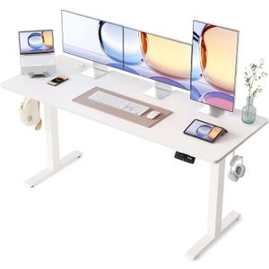 YIHAYO Electric Standing Desk, 63 x 24 Inches Stand Up Desk with Splice Board, Computer Table for Home Office, White Frame/White Top