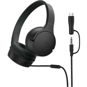 Belkin SoundForm Mini Kids Wired Headphones w/USB C to 3.5mm Dongle, Built-in Mic & Fun Stickers, 85dB Max Volume for Online Learning, Travel, Compatible w/iPhone 16, iPad, Galaxy S25, etc - Black