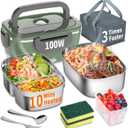 Electric Heated Lunch Box for Adults, 100W 3-IN-1 1.5L Heated Lunch Box for Men Portable with 2 Container, Fast Heating Food Warmer,12V/24V/110V for Car Truck Office Home Travel (GreenGrey)