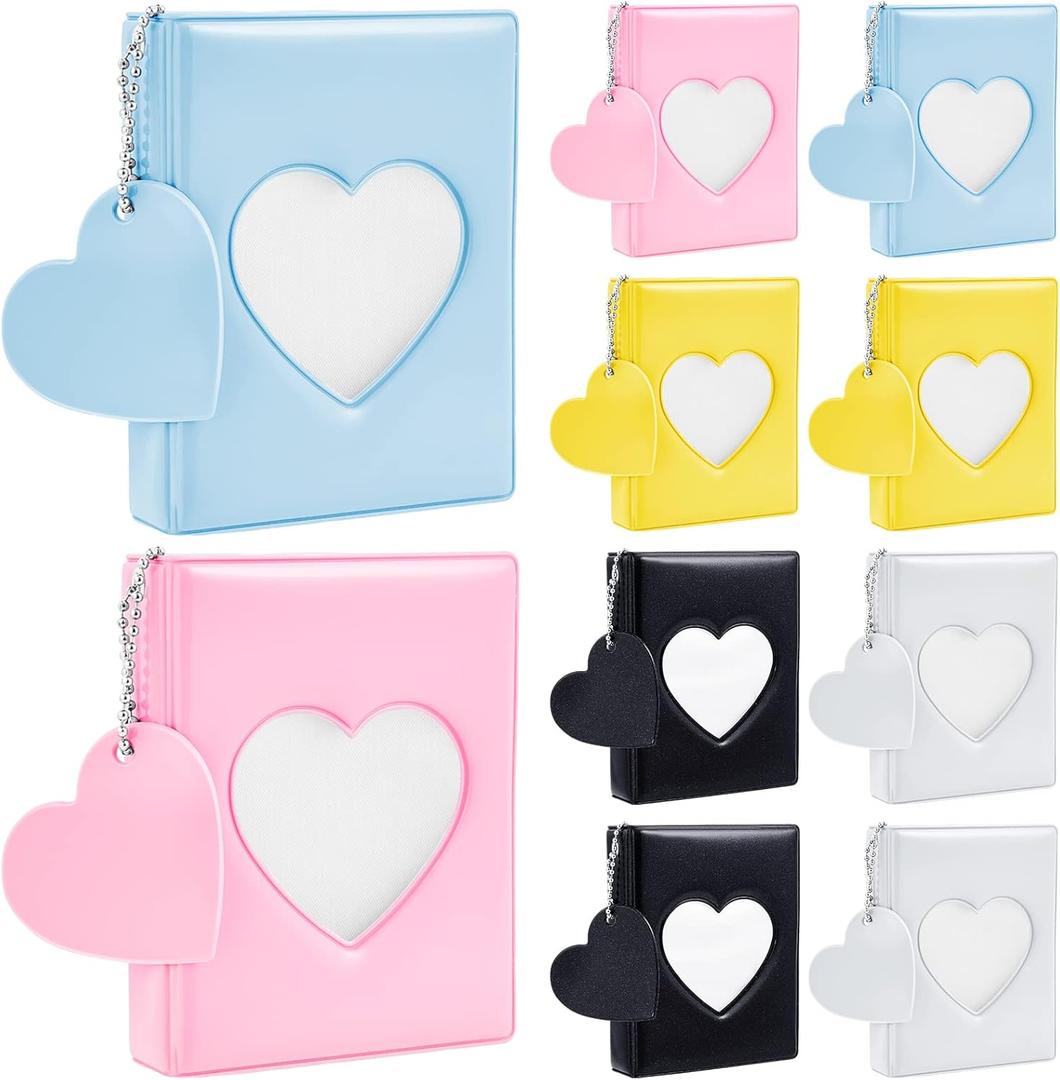 PerKoop 10 Pieces 3 Inch Kpop Photocard Holder Book Mini Photo Kpop Album Love Heart Hollow Photocard Binder Small Mirror Like Photo Card Holder with Heart Pendant, 32 Pockets, 5 Colors