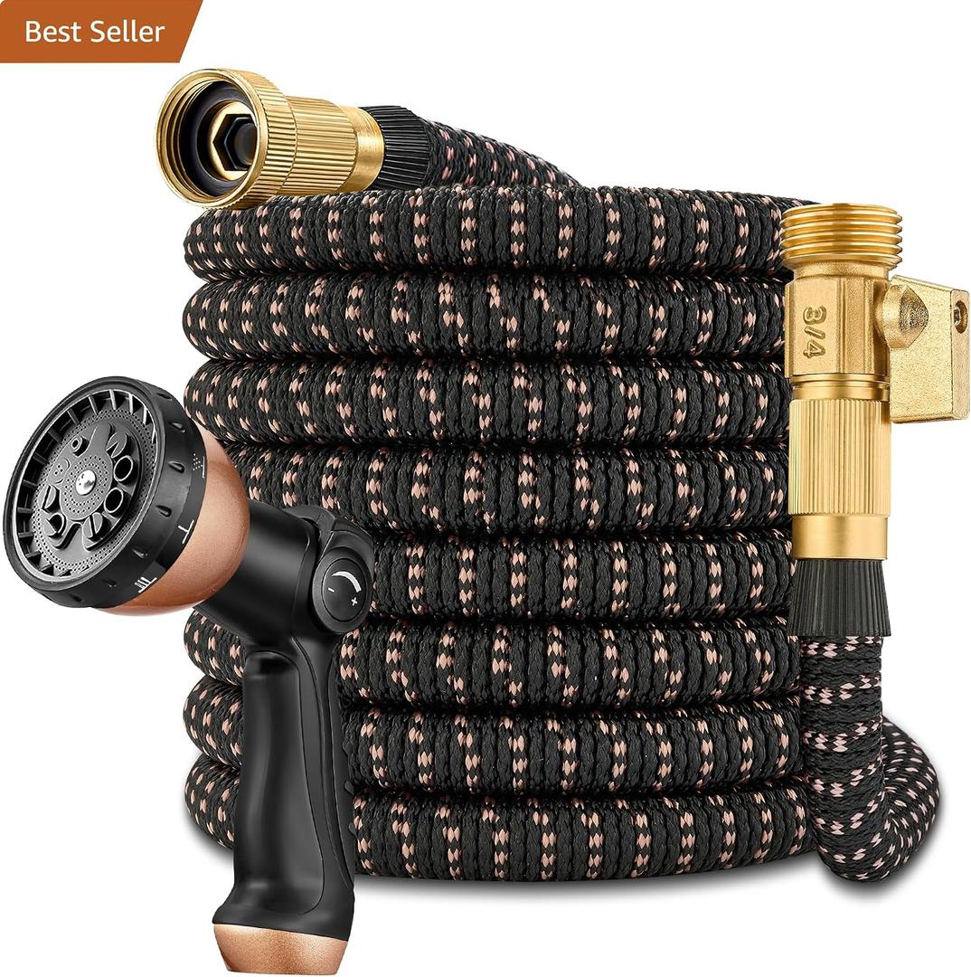 25ft Garden Hose – 2026 Upgarded Expandable Garden Hose w/10 Pattern Thumb Spray Nozzle, 650psi Pure Brass 3/4” Fittings – Lightweight, Durable, and Kink-Free(Black Rose Gold)