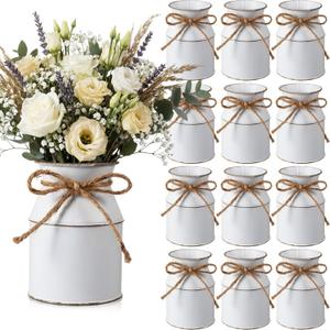Domensi 12 Pcs Farmhouse Metal Flower Vase Wedding Decor Bulk Rustic Galvanized Milk Can Jug Vase with Bow FlowerBucket for Table Centerpiece Valentine Home (5.12 Inch,Vintage White)