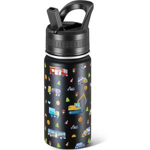 14 Oz Kids Water Bottle, Stainless Steel Water Bottle with Straws, Leak-Proof, BPA-Free, Insulated Water Bottles for School Boys & Girls|Black Car