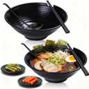 Vivimee Unbreakable Japanese Style Ramen Bowl Set of 2, 37oz Black Large Matte Melamine Bowls and Spoons Set with Chopsticks & Saucers for Pho Thai Miso Udon Soup Noodles or Asian Food