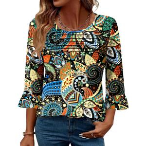 Blingfit Womens Tops 3/4 Length Sleeve Dressy Casual Shirts Bell Sleeve Front Pleated Fasion Trendy Summer Blouses 2026 (M)