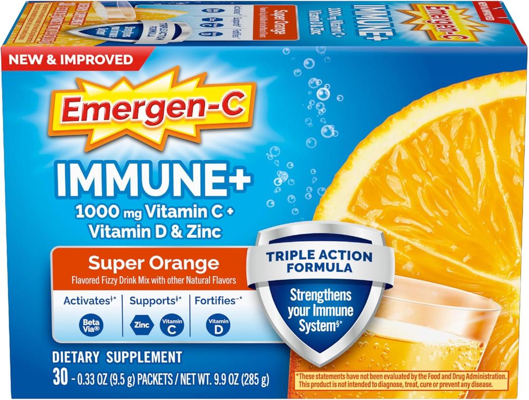 Emergen-C Immune+ Triple Action Immune Support Powder, BetaVia (R), 1000mg Vitamin C, B Vitamins, Vitamin D and Antioxidants, Super Orange, Back to School Essentials  30 Count