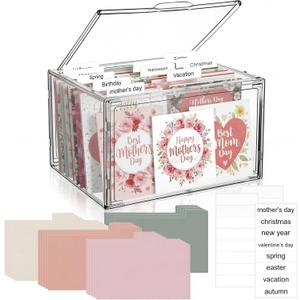 Tenceur Acrylic Greeting Card Organizer & Storage Box with 20 Colorful Removable Adjustable Dividers and 80 Labels for Holiday Birthday Cards Photos, Crafts, Scrapbooking, Paper, Envelopes