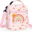 Clastyle Pink Rainbow Insulated Lunch Bag for Kids, Portable Large Thermal Cooler Lunch Bag for Girls, School Lunch Box Bag with Bottle Holder