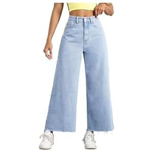 WDIRARA Women's High Waisted Wide Leg Denim Pants Raw Hem Jeans with Pockets Light Wash Large