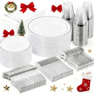 GATHER 350PCS Silver Plastic Plates - White and Silver Disposable Plates for 50 Guests Includes 50 Dinner Plates 50 Dessert Plate 50 Napkins 150 Silvery Cutlery and 50 Cups for Party & Christmas