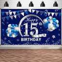 Kauayurk Blue Silver 15th Birthday Banner Decorations for Boys, Happy 15 Birthday Backdrop Party Supplies, Fifteen Birthday Poster Photo Props Background Sign Decor