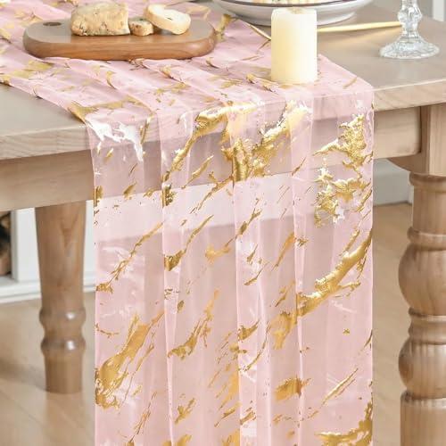 Artoid Mode Marble Pattern Pink Gauze Table Runner 10FT, Glitter Metallic Foil Sheer Dining Wedding Anniversary Birthday Table Decor for Home Party