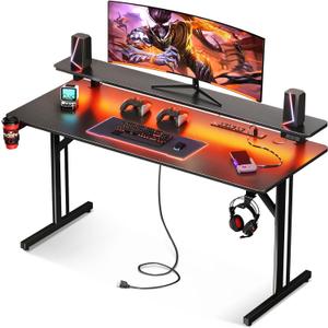 MOTPK 47 Inch Gaming Desk with LED Lights & Power Outlets, Computer Desk Gaming Table with Monitor Shelf, Gamer Desk with Carbon Fiber Texture, Kids Boys Desk Gift for Men (Black)