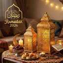 VELA LANTERNS Golden Temple Moroccan Lantern Lamp Decorative Candle Holders for Ramadan Decorations, Hanging, Outdoor Patio or Porch, Indoor Home Decor, Gold, Set of 2 (11" and 15" Tall)