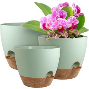 Big Self Watering Pots 12/10/9 inch, Planter, Plant Pots with Mesh Drainage Holes for Indoor Outdoor Garden Plants, Plastic Flower Pots with Removable Deep Reservoir, Green with Brown