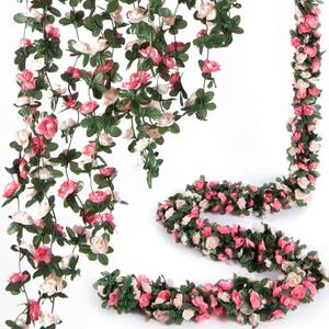 8 Pcs x 8.2 ft Flower Garland Artificial Rose Vine Flowers with Green Leaves Hanging Fake Roses Vine for Room Party Home Wedding Birthday Christmas Wall Arch Decor, Spring Pink Flower