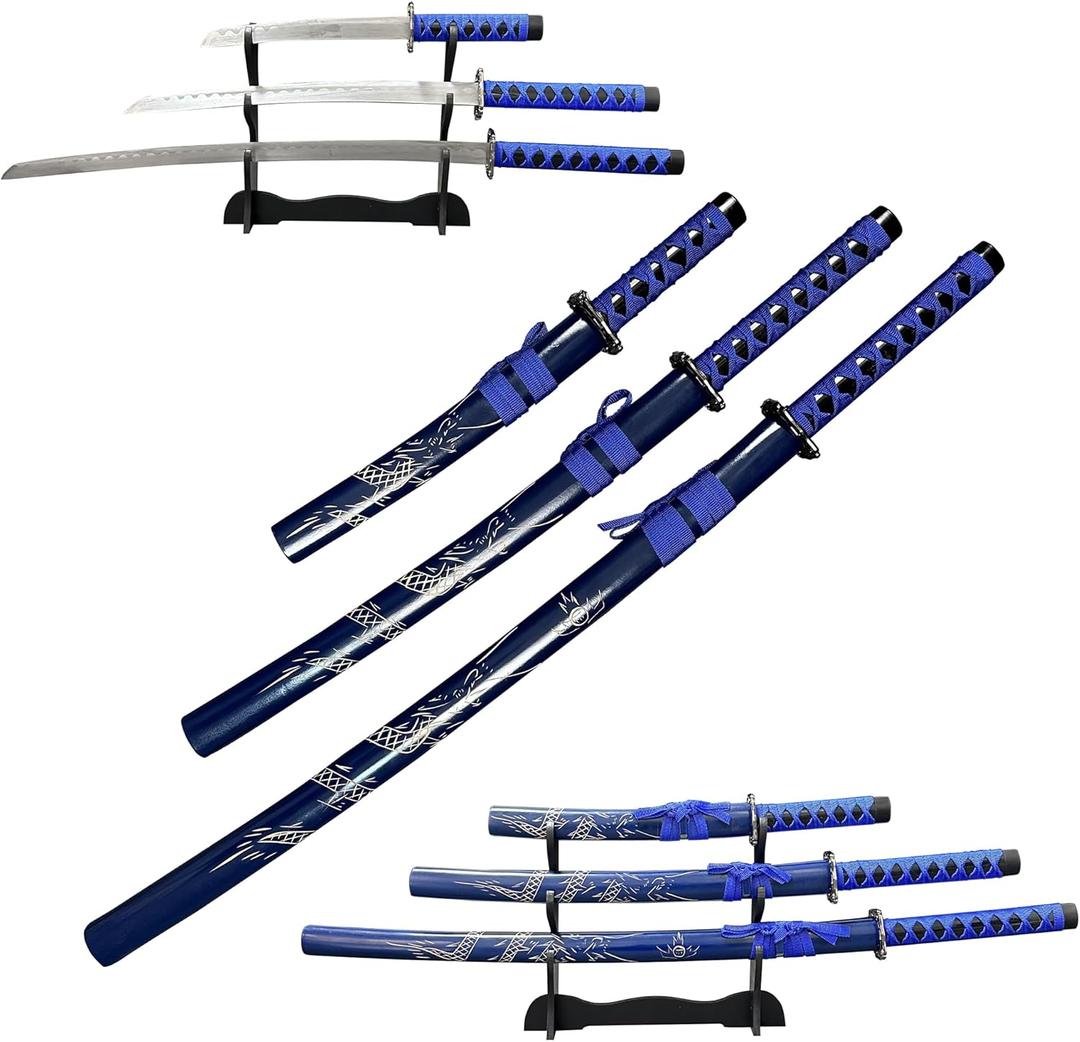 Decorative Samurai Sword Set, 3-Piece Blue Katana Collection with Display Stand, 39.3/31.1/20.4 inches