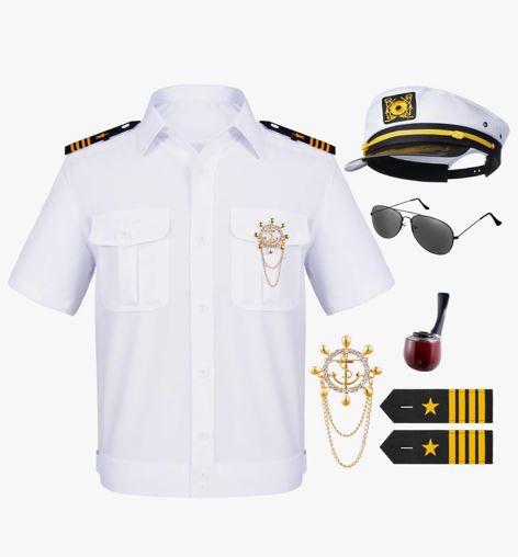 Men's Yacht Captain Sailor Costume Adult Shirt Hat Accessories Set Party Cosplay, Size XL