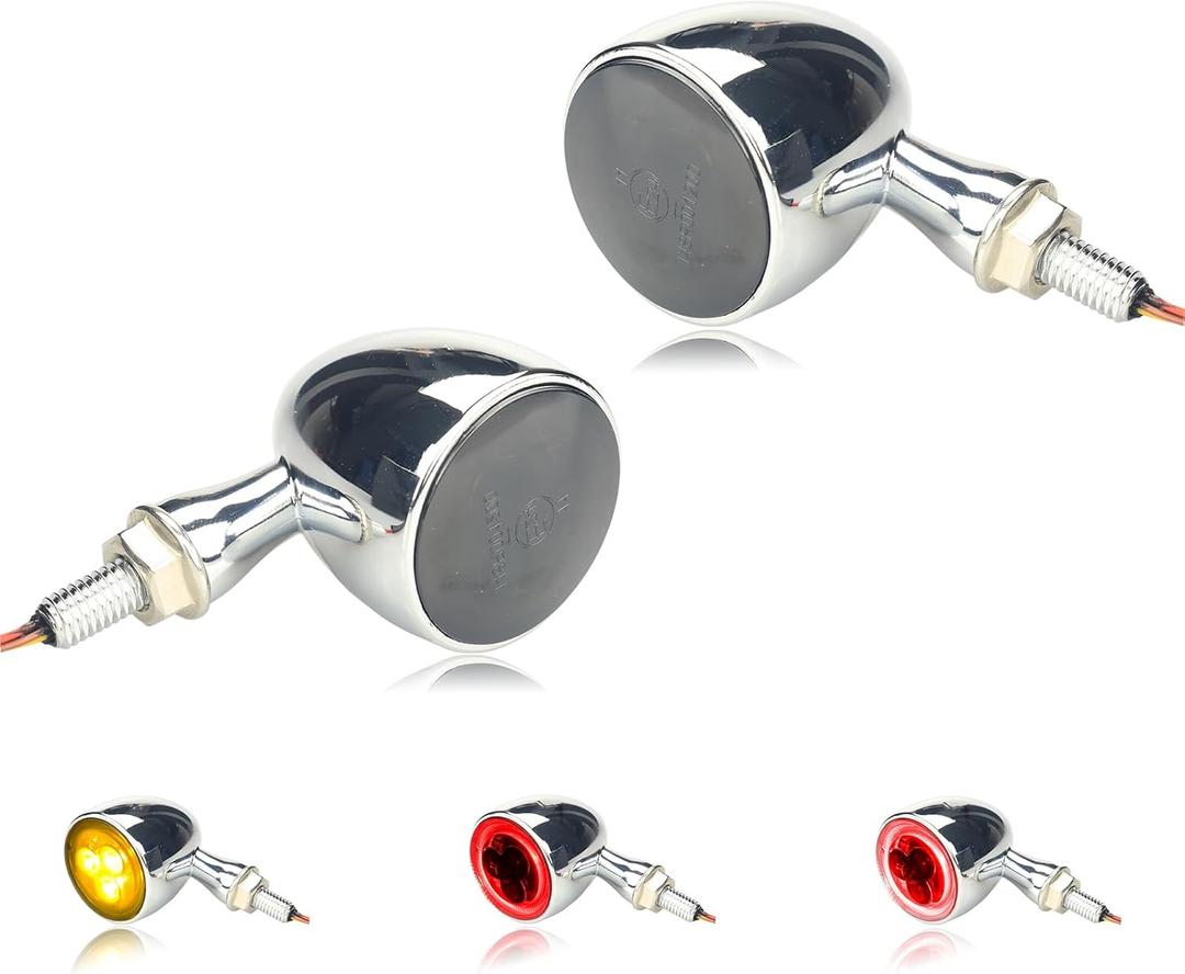 Universal Rear LED Turn Signals 12V Motorcycle Bullet Brake Taillights Chrome Running Lights Compatible with Kawasaki Honda Harley XL883 Suzuki Ducati Yamaha Triumph (Red / Amber)