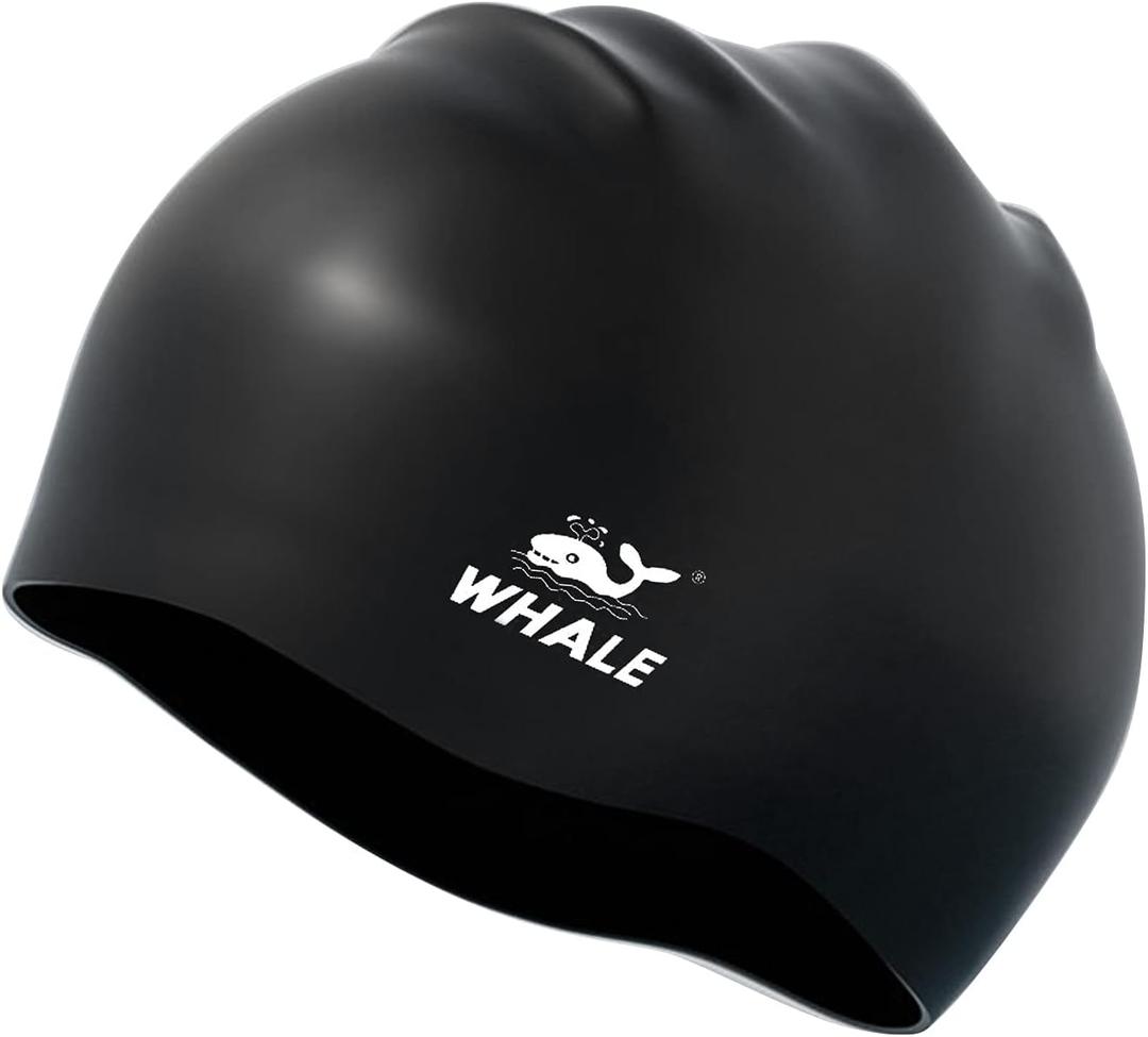 WHALE Extra Large Swim Cap for Women Men, Durable Silicone Swimming Hat with Ear Protection, Unisex Adults Bath Swimming Caps for Long Thick Curly Hair & Dreadlocks Braids Weaves Afro Hair (Black)