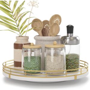 10" Wooden Lazy Susan Turntable for Cabinet  Rotating Spice Rack Organizer, Small Kitchen Countertop Tray for Dining Table & Pantry Storage (White & Gold)