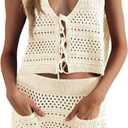 Saodimallsu Womens Crochet Swim Cover Up 2 Piece V Neck Sleeveless Front Tie Crop Tops Beach Mini Skirt Coverup Set (White)