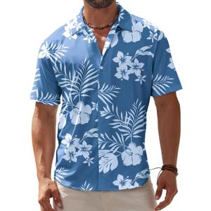 BOJIN Men's Hawaiian Wrinkle Free Short Sleeve Button Down Tropical Floral Beach Vacation Shirt (Large, White Flower Blue)