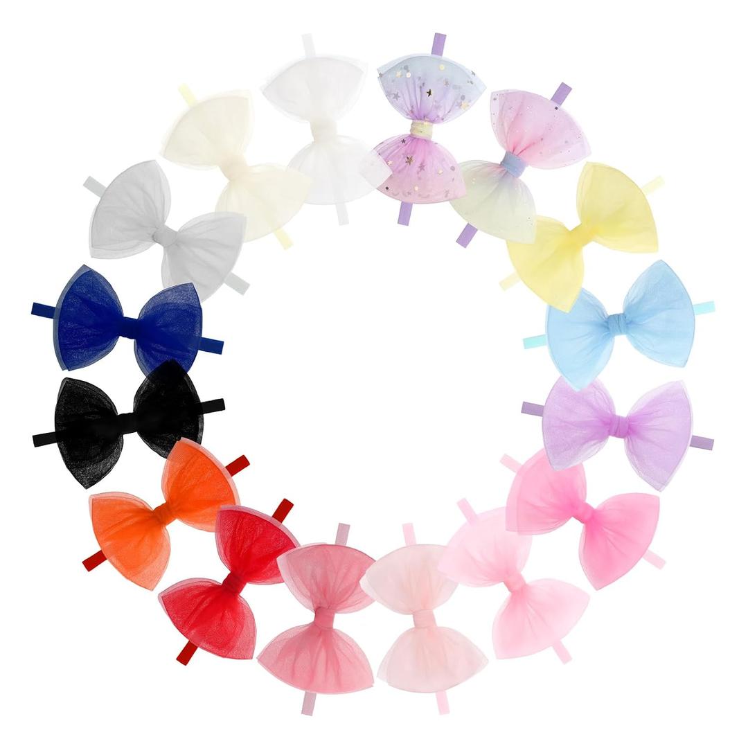 16 Pcs 4.5’’ Organza Lace Bow for Baby Girls Headbands Mesh Glitter Hair Bows Baby Shower Gifts for Newborn Infant Toddler Girl