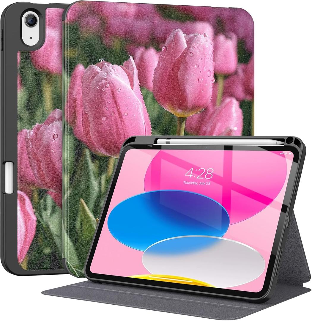 Supveco Case for iPad (A16) 11th Generation 11 inch (2025),iPad 10th Generation 10.9 inch (2022) with Pencil Holder-[Auto Wake/Sleep], Premium Folio Stand Case with Soft TPU Back Cover-Tulip
