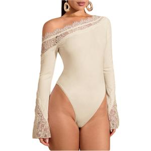WDIRARA Women's Lace One Shoulder Long Sleeve Bodysuit Dressy Off The Shoulder Leotard Tops, Large