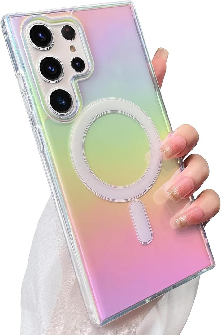 SAKUULO Magnetic Case for Samsung Galaxy S23 Ultra Compatible with Magsafe, Bling Laser Iridescent Florescent Crystal Sparkly Luxury Shockproof Protective Cover for Women Men