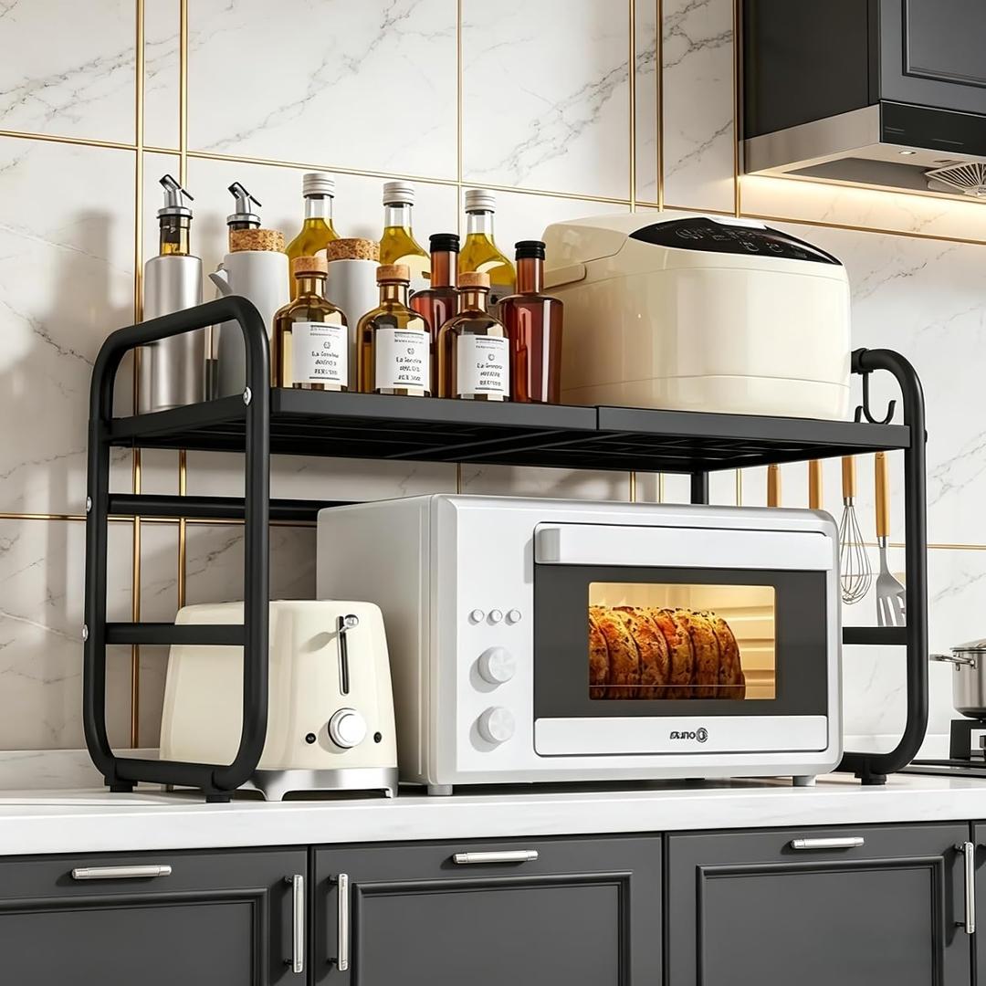 Microwave Stand Countertop, 2-Tier Expandable Kitchen Appliance Rack for Small Spaces & Tiny Kitchens, Heavy Duty Carbon Steel Organizer with Side Hooks for Microwave, Toaster & Spices, 14.5-21.6"*15.7"*13.7"
