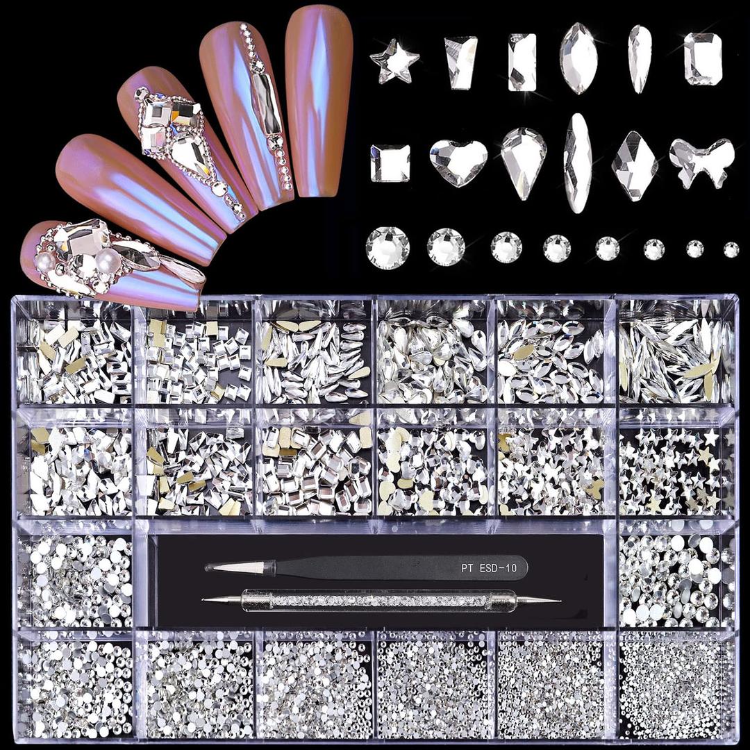 12 Types of 600 White Diamonds + 2500 Flat Rhinestones Mix 20 Styles Flatback DIY Crafts Rhinestone Crystals 3D Ornaments Flat Back Stones Set + Tweezers + Drill Pen