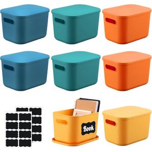 Tanlade 8 Pcs Plastic Storage Bins Stackable Baskets with Lid and Handle Colorful Desktop Storage Box Cubby Containers for Shelf Bedroom Office, Include 1 Erasable Marker, 16 Stickers (10 x 7 x 6 In)