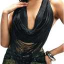 MakeMeChic Women's Fringe Draped Halter Top Sleeveless Tie Backless Summer Y2K Crop Tops. Size S