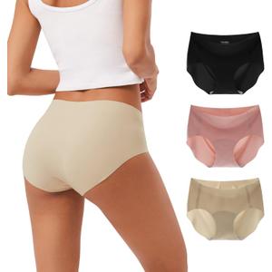 INNERSY Women's Seamless No Show Hipster Panties Invisible Light Underwear 3-Pack (Black/Brick Red/Nude, Small)