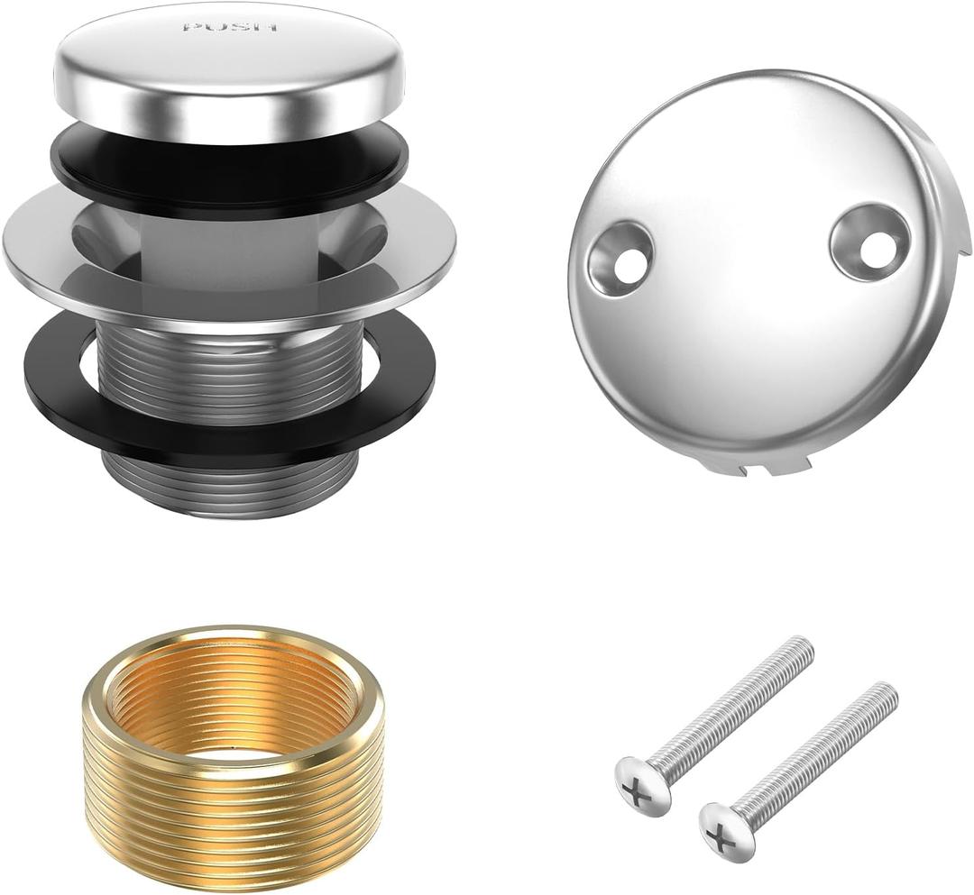 All Metal Tip-Toe Bathtub Drain Kit with Two-Hole Overflow Faceplate and Universal Fine/Coarse Thread Assembly, Bath Tub Drain Kit fits All Bathtub -Chrome Plated