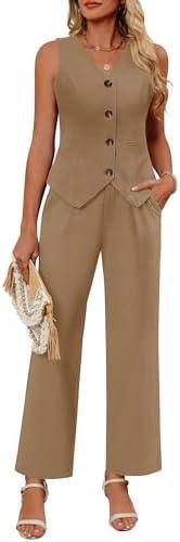 Ficerd Women's 2 Piece Outfits, Sleeveless Cotton Suit Vest and Wide Leg Pant Summer Business Casual Button V Neck Blazer Set Size L