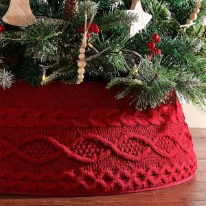 Knitted Christmas Tree Collar: Burgundy Cable Knit Styles Christmas Tree Collars for Artificial Trees, Crossed Diamond Tree Ring Tree skirt for Holiday Home Indoor Decorations Dcor Party Gifts
