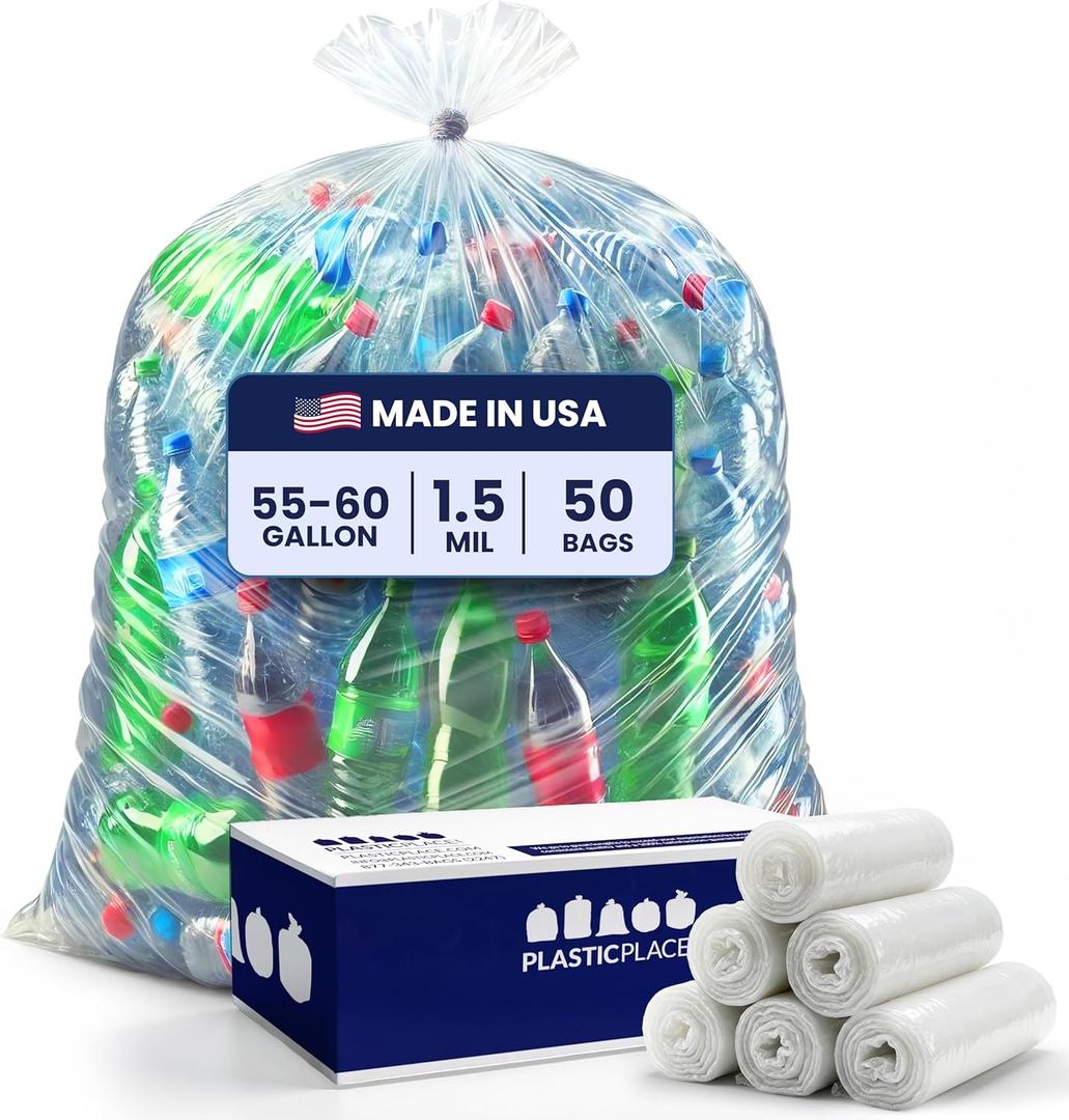 Plasticplace Heavy Duty 55-60 Gallon Trash Bags  Clear Garbage Can Liners (38 x 58)  Durable Multiuse, Puncture-Resistant, 50 Count  Ideal for Kitchens, Warehouses and Recycling Trashbags 1.5 Mil
