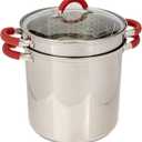 ExcelSteel 8 Qt Multifunction Stainless Steel Pasta Cooker with Encapsulated Base, Vented Glass Lid, and Riveted Silicone Covered Handles