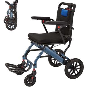 Garvee Portable Lightweight Folding Wheelchair – Wide Frame Aviation Aluminum, Shock Absorbing 10" Rear Wheels, Comfortable PVC Seat, Two-Stage Brake, Mobility Aid Transport Chair – Navy Blue