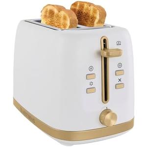 West Bend Timeless 2-Slice Toaster with 7 Browning Levels, Bagel/Waffle/Defrost Settings, High-Lift Lever, Anti-Jam, Easy-Clean Crumb Tray, 2-Slice, White/Gold